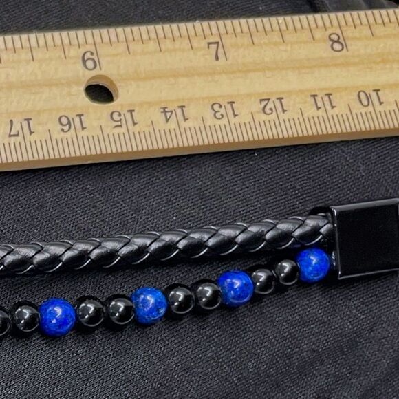 Men’s Double-strand Blue & Black l Beaded Bracelet l Magnetic Closure l New - Picture 2 of 6